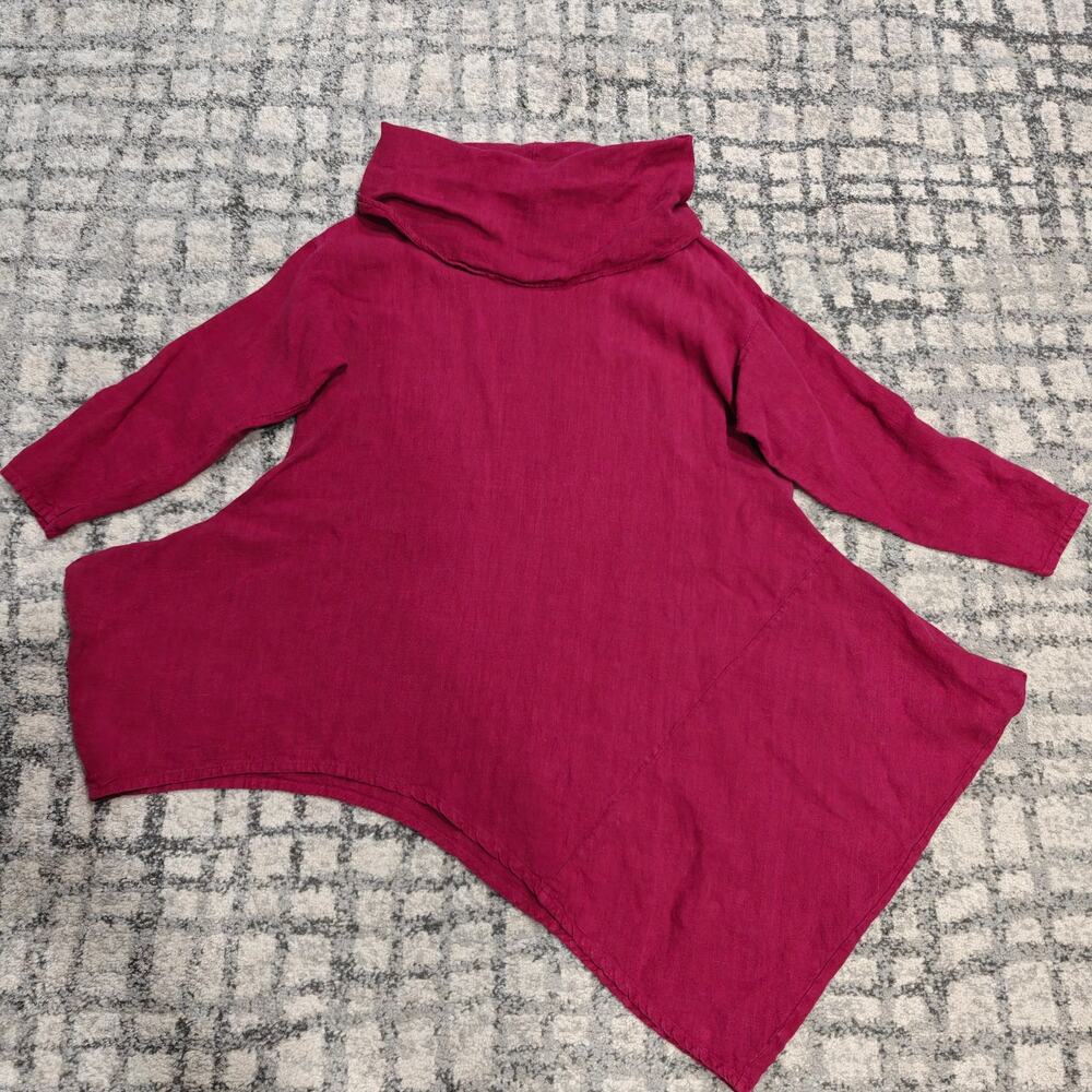 Bryn Walker Linen Cowl Neck Asymmetrical Tunic Top Medium Magenta Berry Oversize
